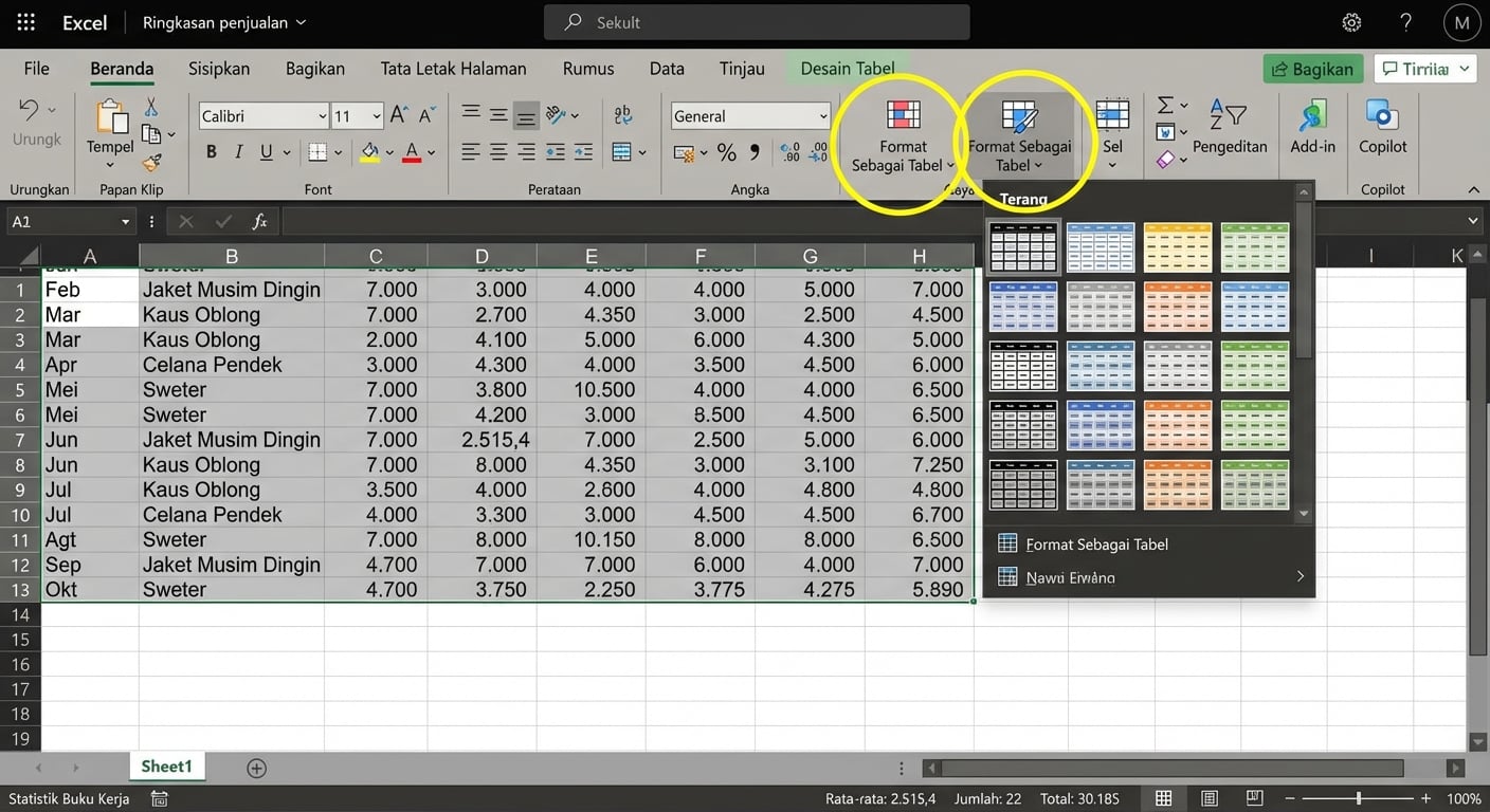 Dokumen Excel yang terbuka menunjukkan cara memformat data sebagai tabel.