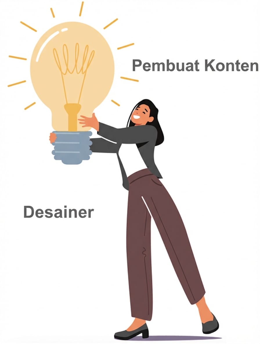 Seorang pembuat konten atau desainer yang memegang lampu bohlam besar, mewakili peran pembuatan konten dan desain.