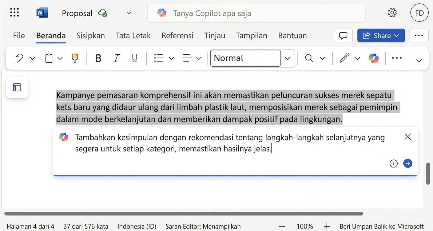 Tangkapan layar dari paragraf yang ditandai dan perlu dimodifikasi serta obrolan Copilot di bawahnya berisi permintaan perbaikan dari pengguna.