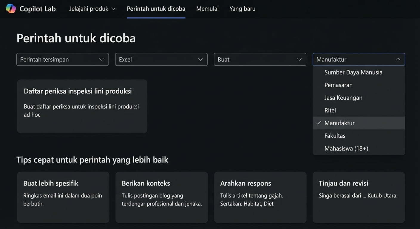 Serangkaian prompt yang disarankan dari Copilot Lab, dengan filter dropdown.