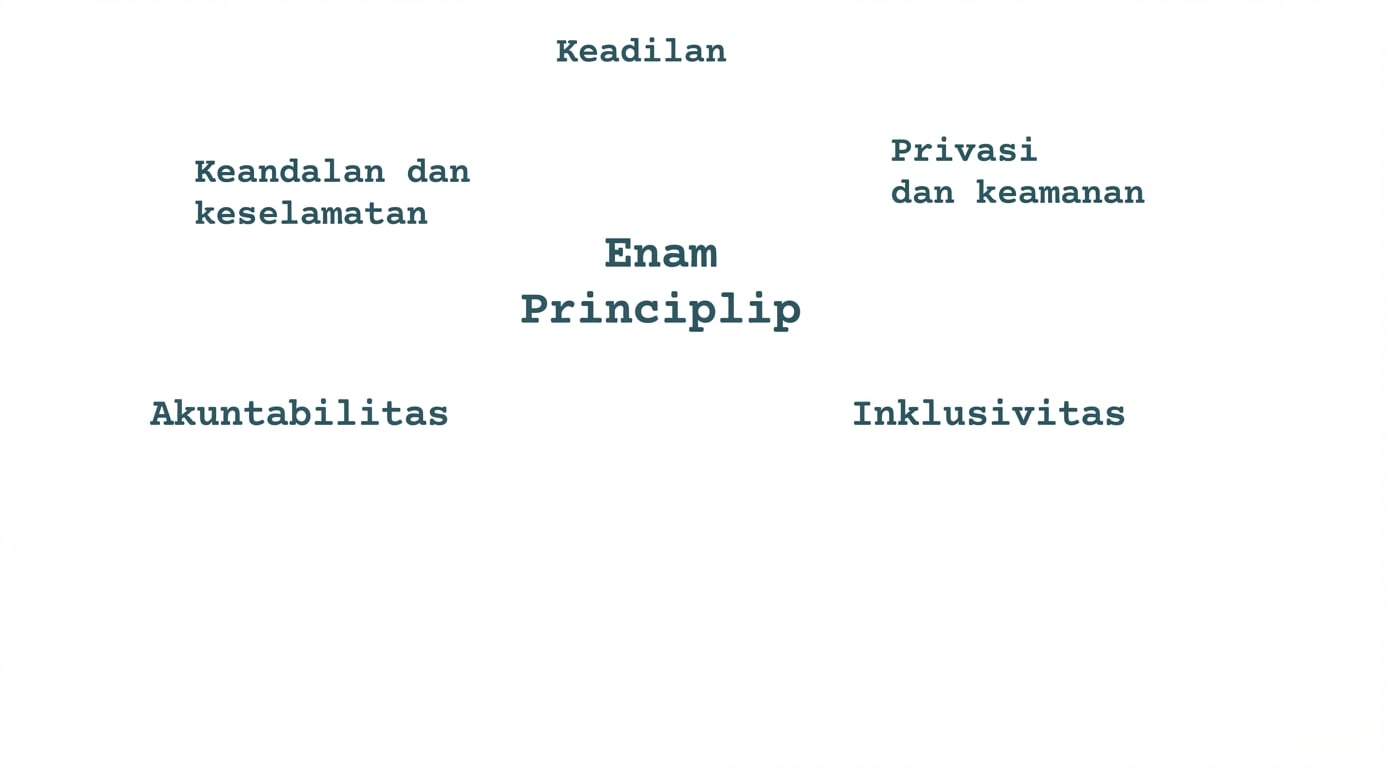 Sebuah teks yang berbunyi "enam prinsip", dikelilingi oleh istilah-istilah yang menggambarkan prinsip tersebut: keadilan, privasi dan keamanan, keandalan dan keselamatan, pertanggungjawaban, dan inklusivitas.