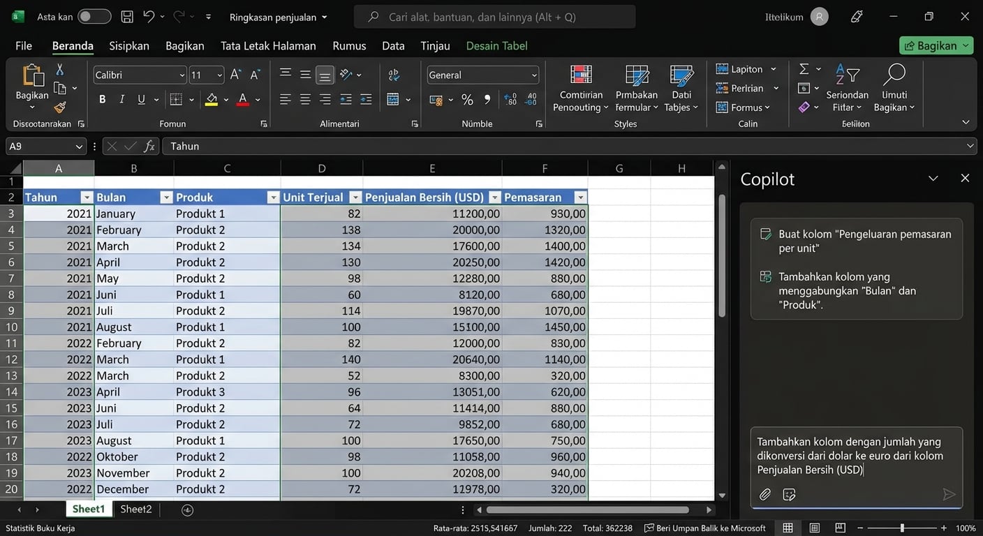 Sebuah dokumen Excel yang terbuka menampilkan data produk pakaian dan obrolan Copilot yang terbuka di sampingnya, berisi permintaan pengguna untuk mengonversi nilai-nilai tersebut ke euro.