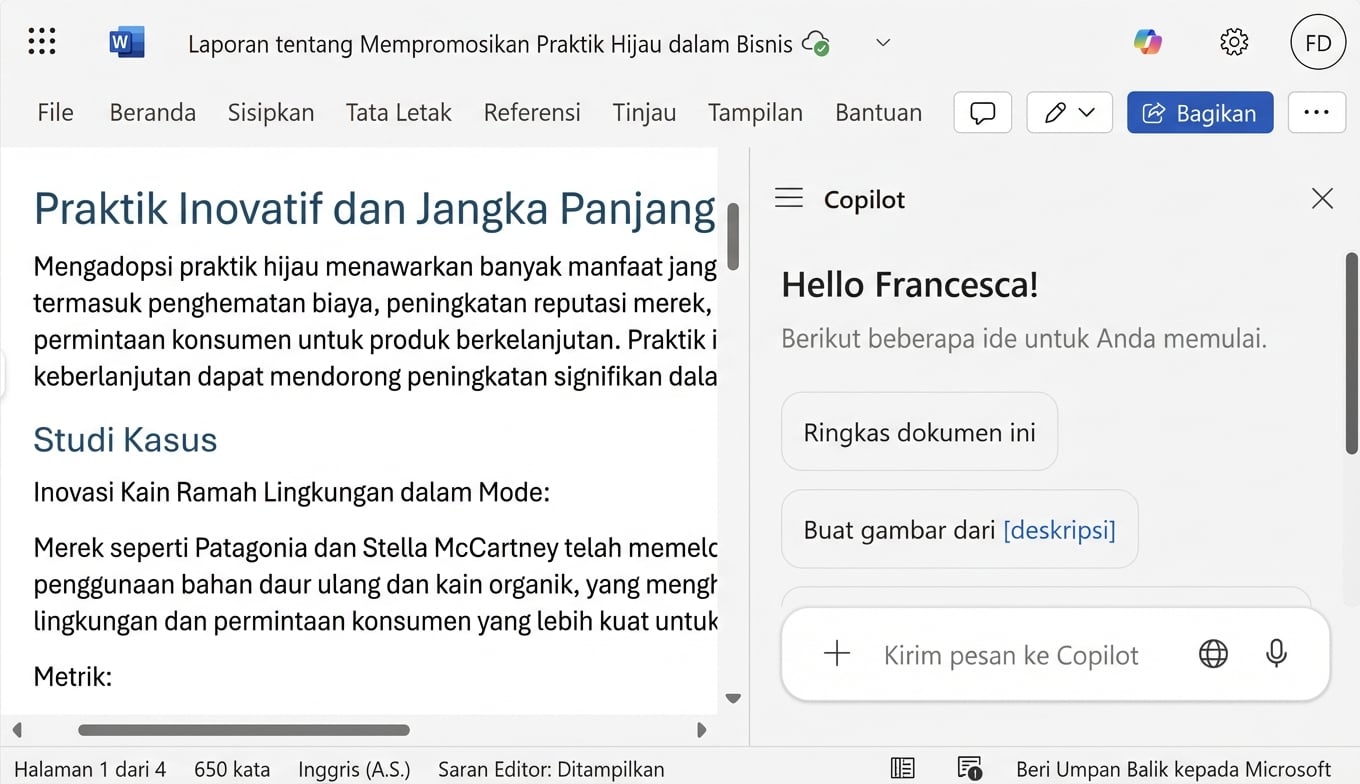 Tangkapan layar dokumen Word yang terbuka dengan obrolan Copilot yang terbuka di sampingnya.