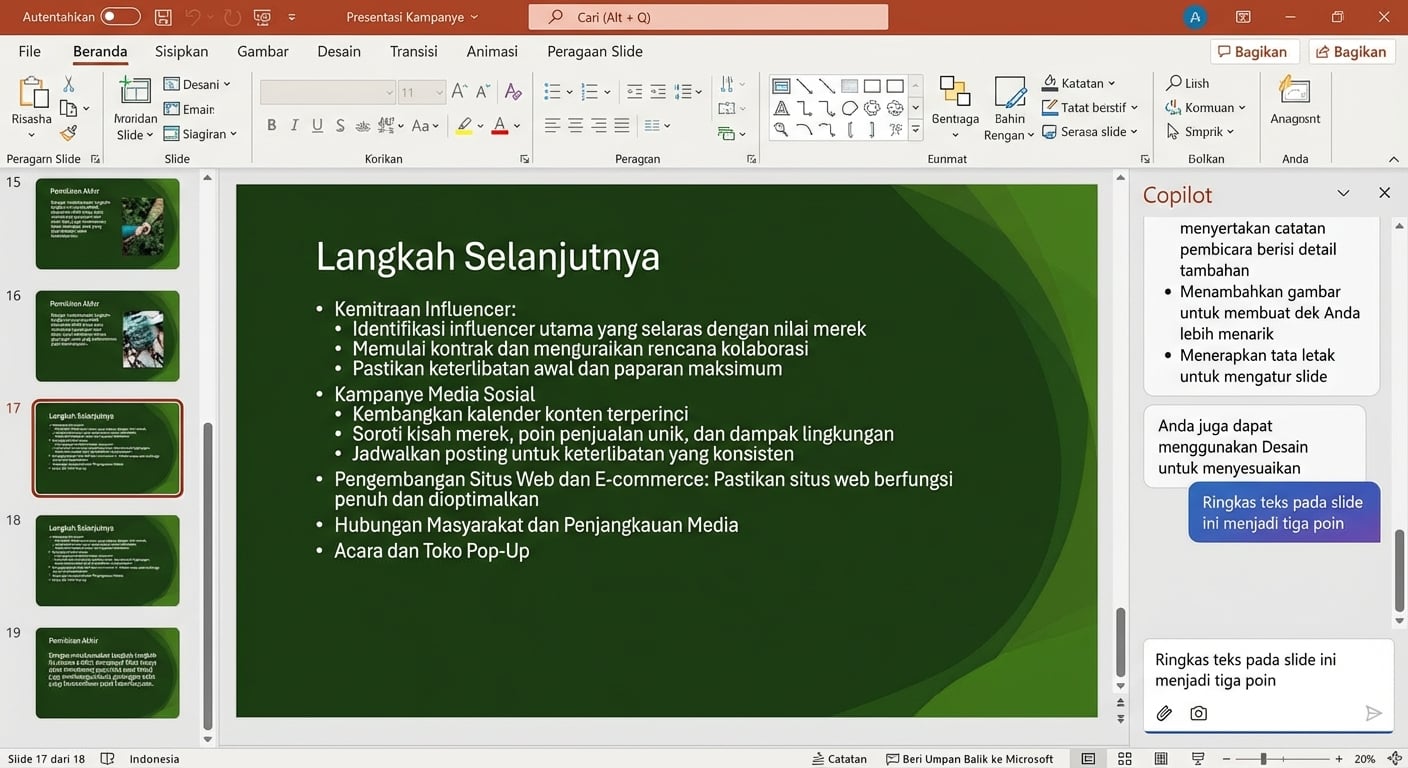 Tangkapan layar slide PowerPoint dengan obrolan Copilot terbuka di samping dan pengguna meminta untuk meringkas teks di slide.