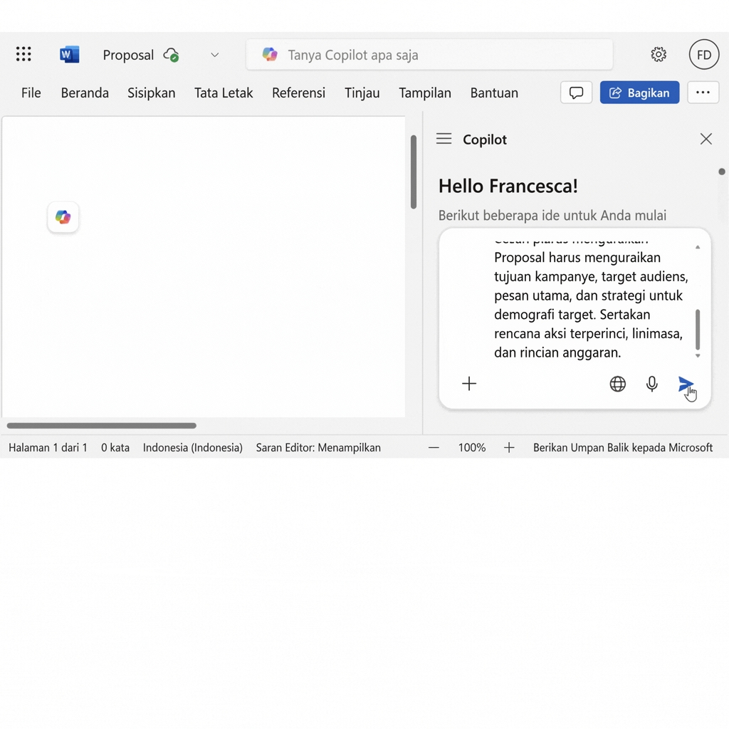 Tangkapan layar obrolan Copilot terbuka dengan permintaan "buat proposal proyek untuk kampanye pemasaran baru", dan dokumen proposal kampanye pemasaran yang dibuat oleh Copilot.