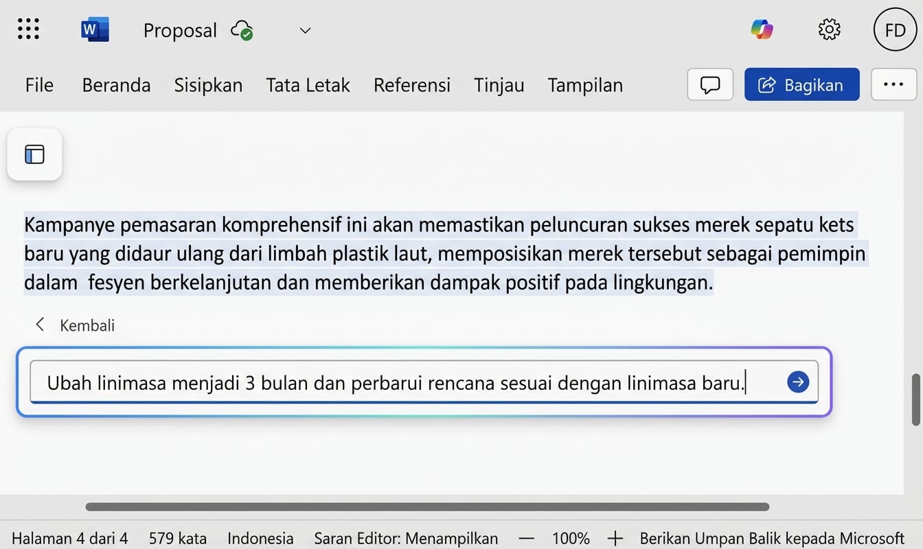 Percakapan Copilot terbuka dengan pengguna yang meminta untuk mengubah lini masa tanggal.