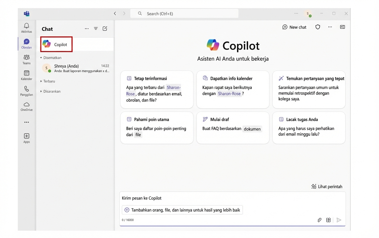 Tangkapan layar Microsoft Teams dengan obrolan Copilot terbuka dan ikon Copilot di pojok kiri atas yang diberi lingkaran merah.