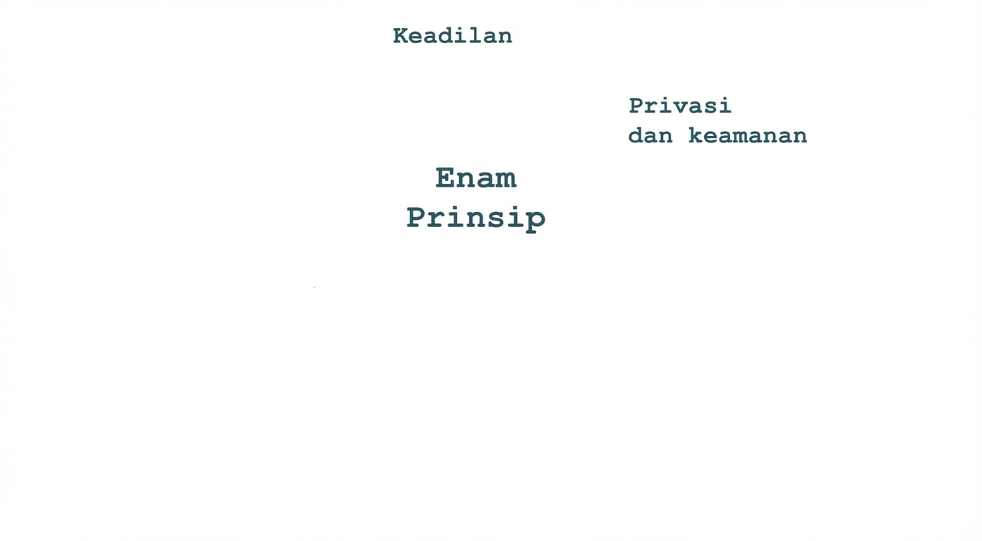 Sebuah teks yang berbunyi "enam prinsip", dikelilingi oleh istilah-istilah yang menggambarkan prinsip-prinsip tersebut: keadilan, privasi, dan keamanan.