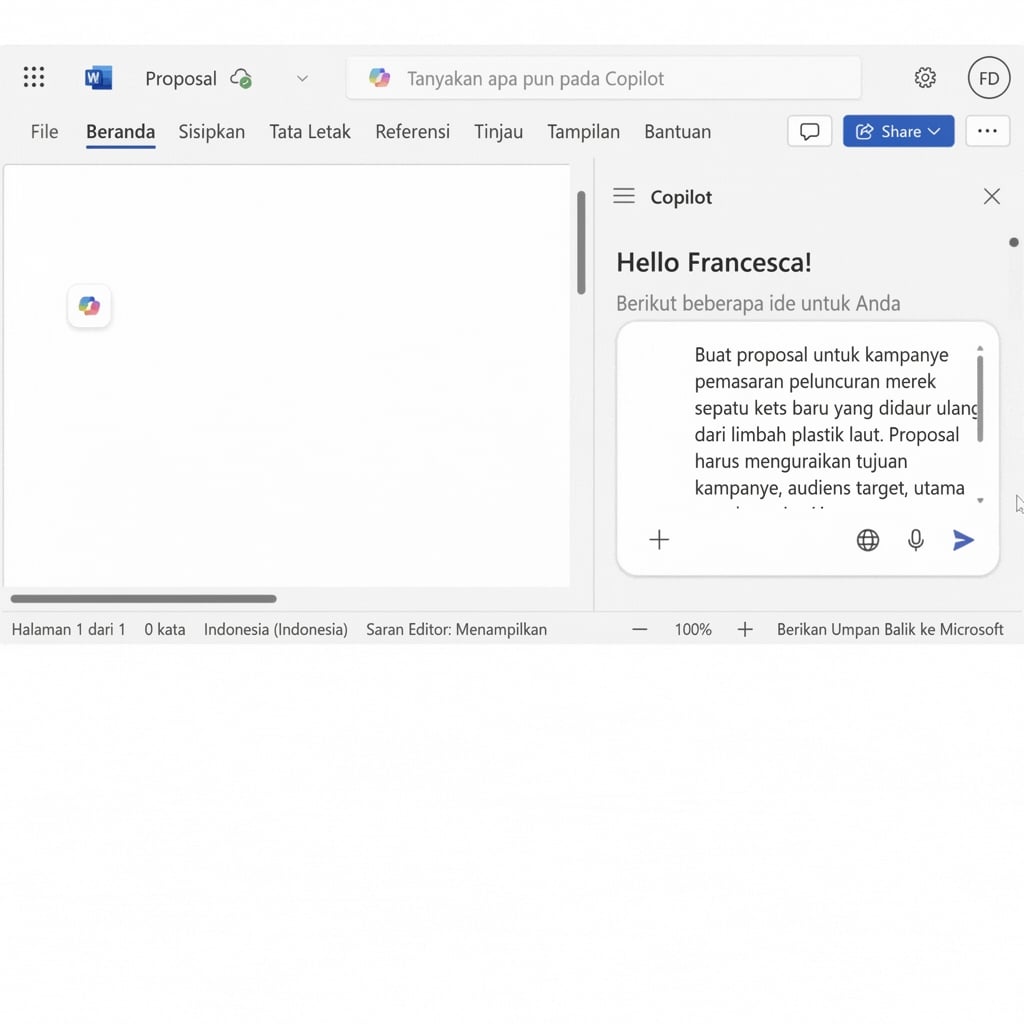 Percakapan Copilot terbuka dengan permintaan untuk "membuat proposal proyek untuk kampanye pemasaran baru".