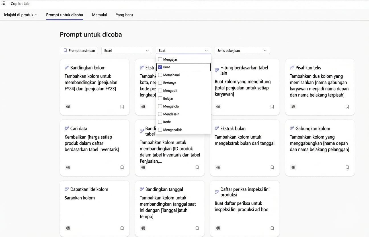 Serangkaian prompt yang disarankan dari Copilot Lab, dengan berbagai filter dropdown.