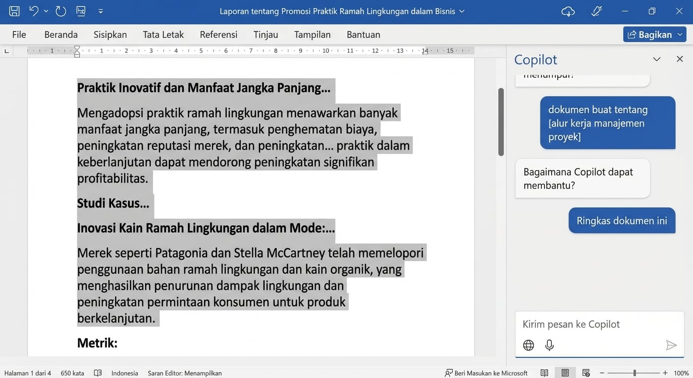 Tangkapan layar dokumen Word terbuka dengan jendela obrolan Copilot terbuka di sampingnya, menampilkan permintaan pengguna untuk merangkum dokumen tersebut.