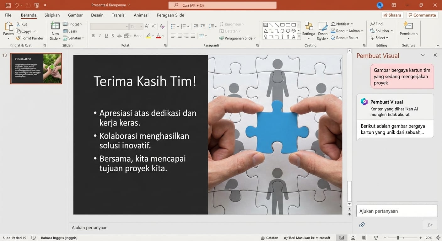 Tangkapan layar slide PowerPoint dengan obrolan Copilot terbuka menampilkan percakapan dengan pengguna yang meminta untuk mengatur berbagai slide tersebut.