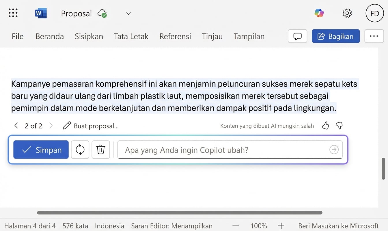 Obrolan Copilot terbuka dengan opsi untuk menyimpan draf atau mengajukan pertanyaan lebih lanjut.
