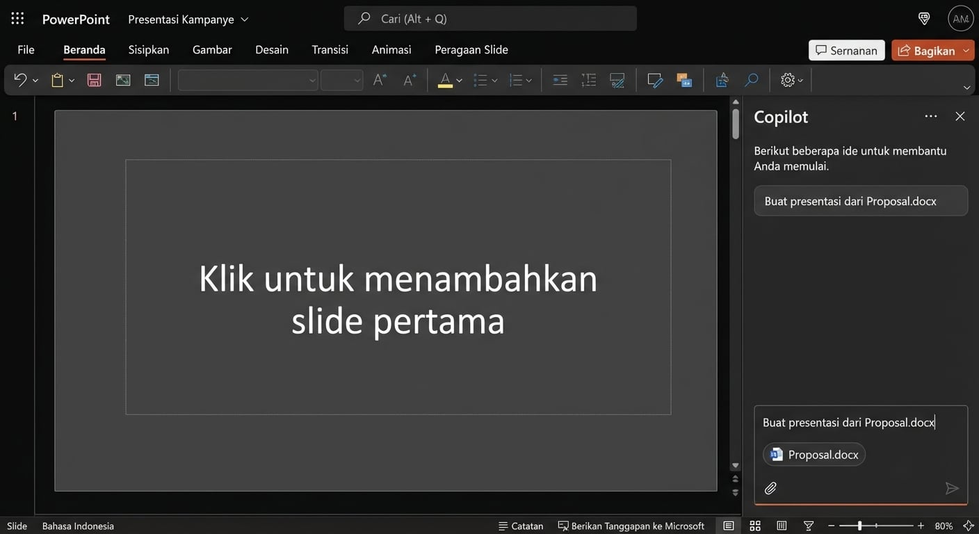 Tangkapan layar dokumen PowerPoint kosong dengan obrolan Copilot terbuka di samping.