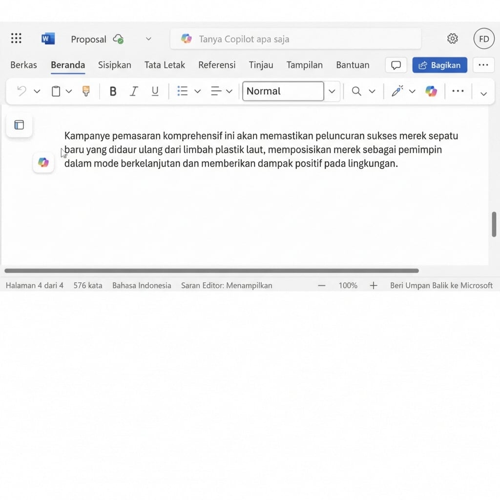 Paragraf yang perlu diubah dalam dokumen, dengan berbagai opsi yang disarankan Copilot