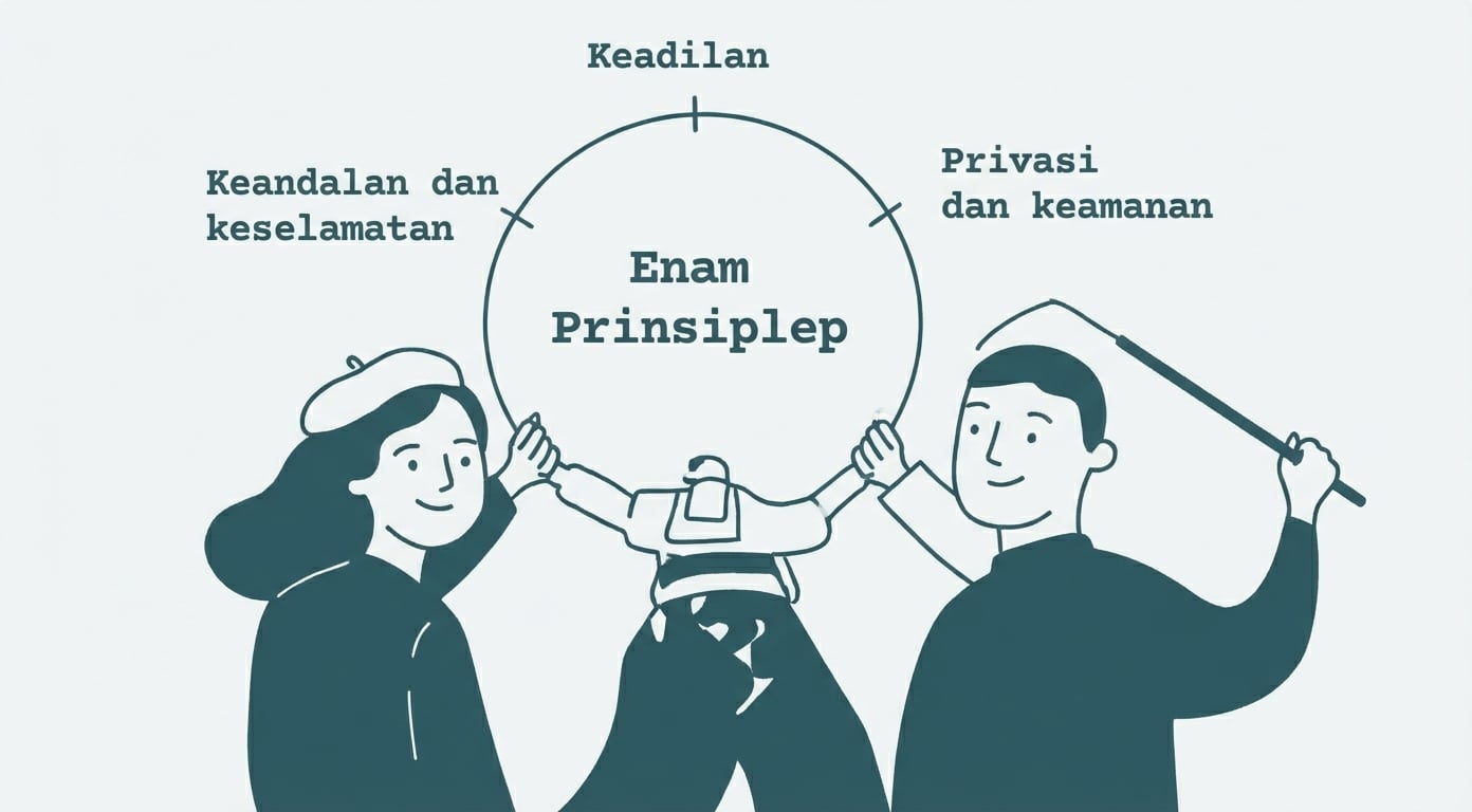 Sebuah teks yang berbunyi "enam prinsip", dikelilingi oleh istilah-istilah yang mengindikasikan prinsip tersebut: keadilan, privasi dan keamanan, keandalan dan keselamatan.