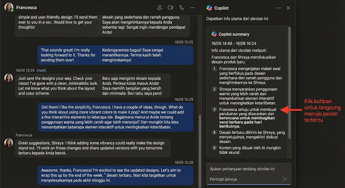 Tangkapan layar obrolan Microsoft Teams dengan obrolan samping yang terbuka berisi jawaban dari Copilot dan panah merah menunjuk ke referensi yang mengarahkan kita ke pesan asli.