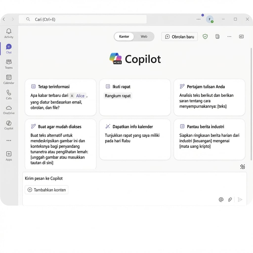 Antarmuka Copilot untuk Microsoft 365, menyajikan berbagai pilihan produktivitas seperti mengoptimalkan waktu, memahami email, dan bantuan penulisan untuk tugas-tugas profesional.