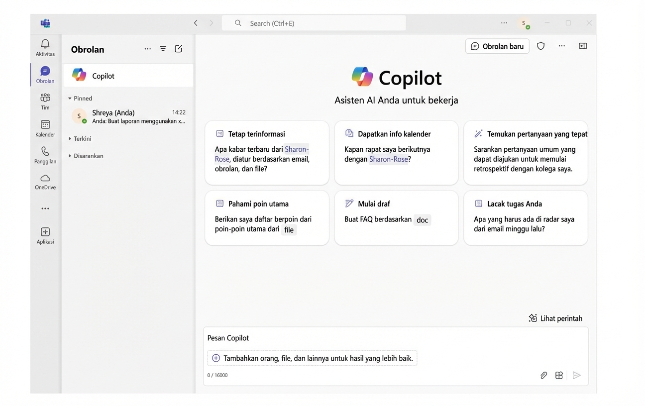 Tangkapan layar Microsoft Teams dengan obrolan Copilot yang terbuka.
