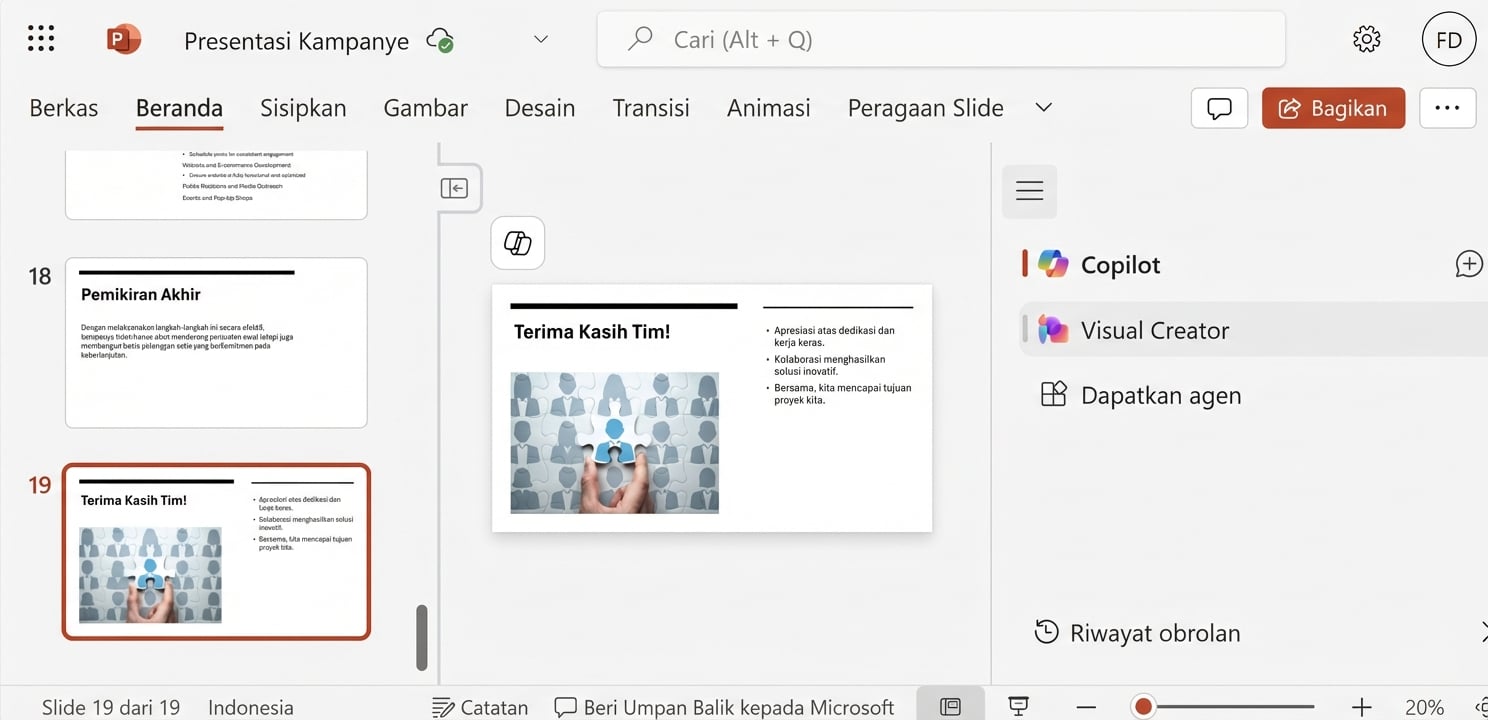 Tangkapan layar slide PowerPoint dengan obrolan Copilot terbuka menampilkan percakapan dengan pengguna yang meminta untuk mengatur berbagai slide tersebut.