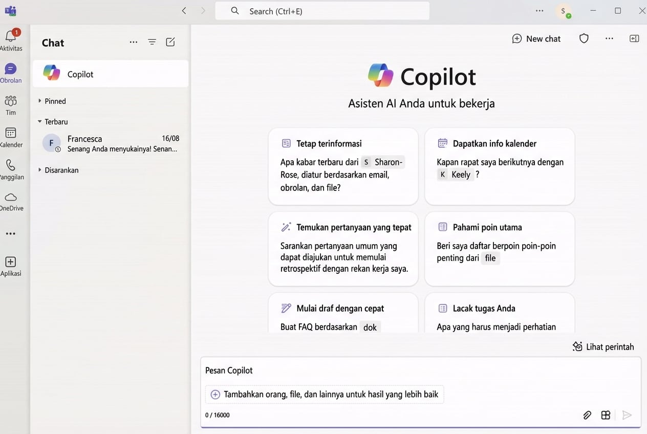 Demonstrasi seorang pengguna yang bertanya kepada Copilot tentang apa yang sedang dikerjakan Francesca.