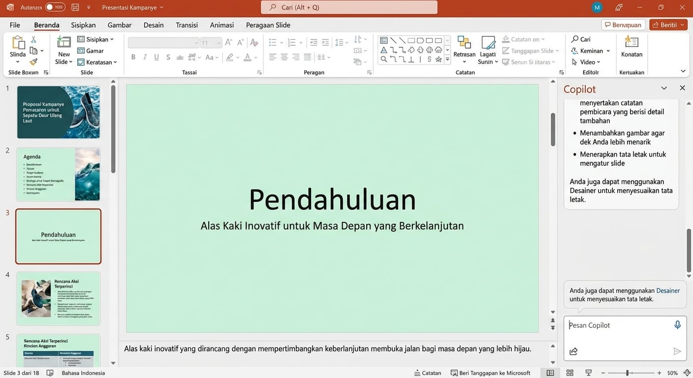 Demonstrasi Copilot dalam membuat presentasi dari file yang sudah ada sebagai titik awal.