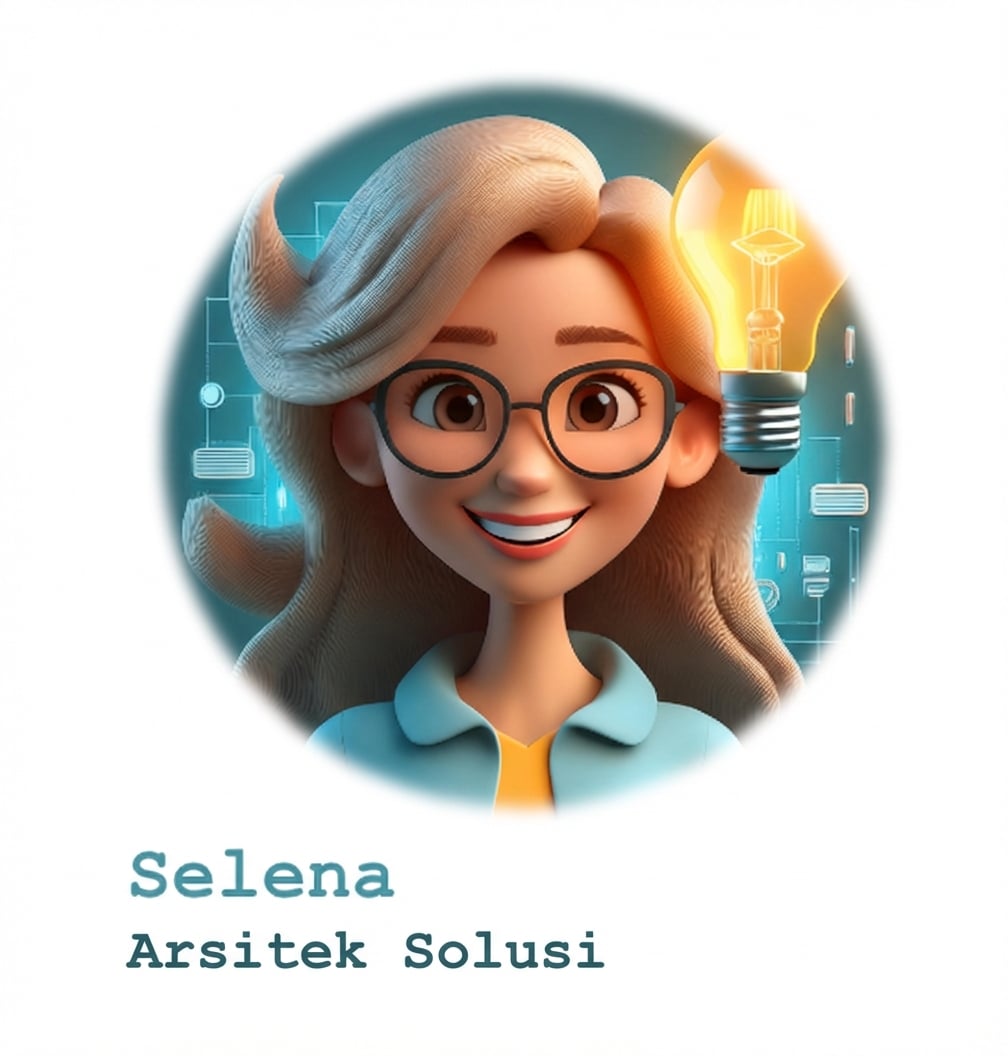 Ilustrasi seorang wanita tersenyum yang mengenakan kacamata, dikelilingi oleh berbagai ikon digital dan lampu bohlam yang bersinar, dengan tulisan teks di sampingnya: "Selena, Arsitek Solusi".