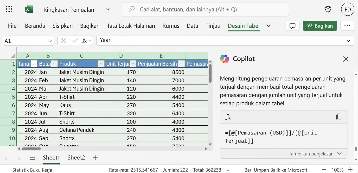 Dokumen Excel terbuka menampilkan data produk pakaian dan obrolan Copilot yang terbuka ada di samping disertai hasil rumus