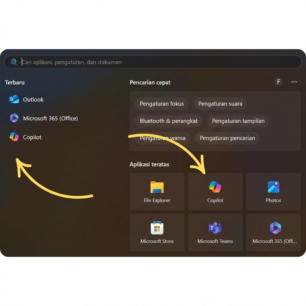 Kotak pencarian Windows dengan panah yang mengarah ke ikon Copilot