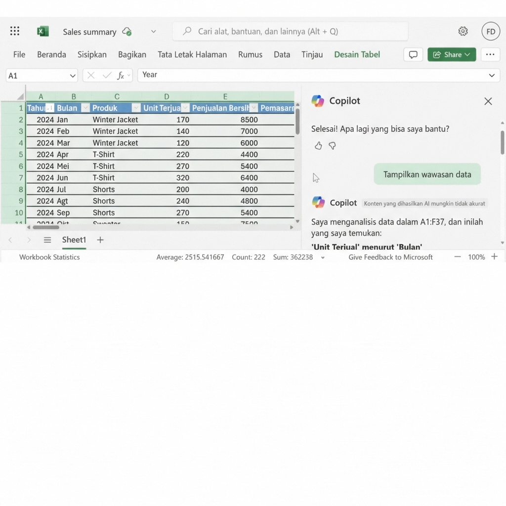 Dokumen Excel yang terbuka menampilkan grafik yang dibuat menggunakan Copilot.