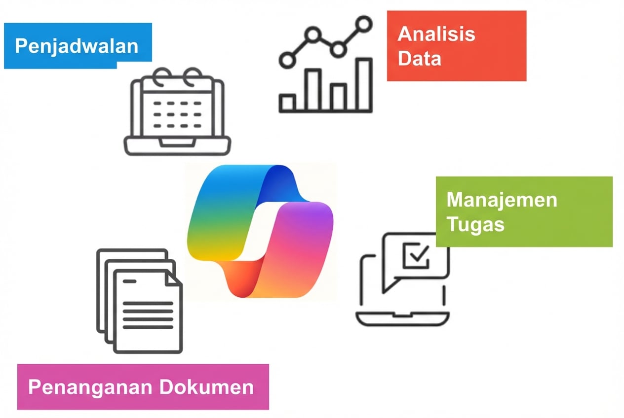 Ikon yang mewakili penjadwalan, analisis data, pengelolaan tugas, dan penanganan dokumen yang mengelilingi Copilot yang penuh warna di tengahnya.