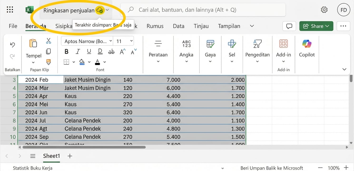 Tangkapan layar lembar kerja Excel dengan fitur menyimpan otomatis yang disorot.
