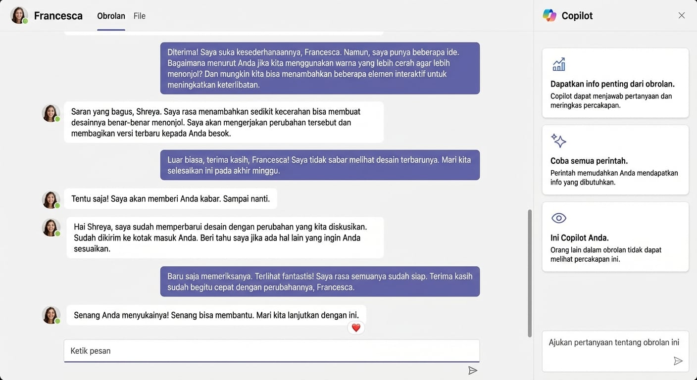 Tangkapan layar Microsoft Teams dengan obrolan Copilot terbuka dan ikon Copilot di pojok kiri atas yang diberi lingkaran merah.