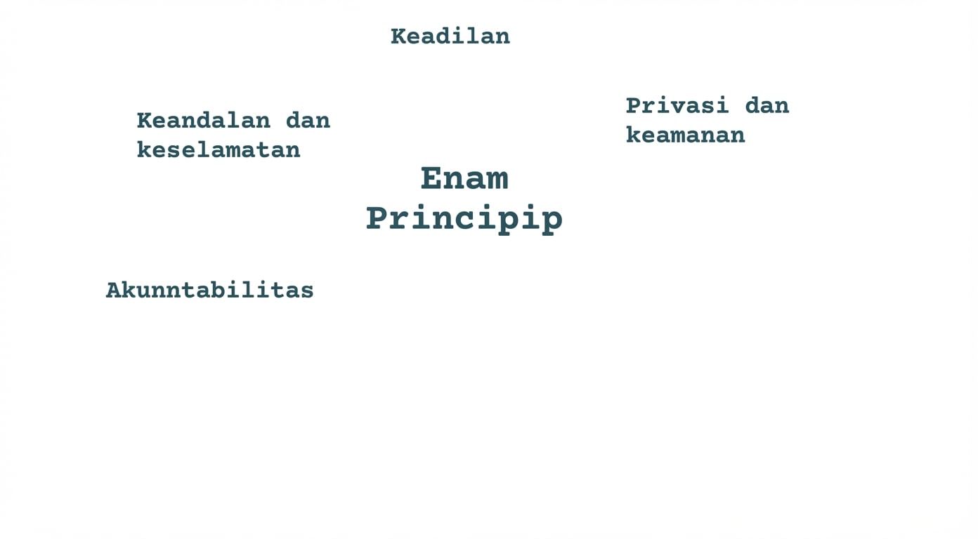 Sebuah teks yang berbunyi "enam prinsip", dikelilingi oleh istilah-istilah yang mengindikasikan prinsip tersebut: keadilan, privasi dan keamanan, keandalan dan keselamatan, serta pertanggungjawaban.