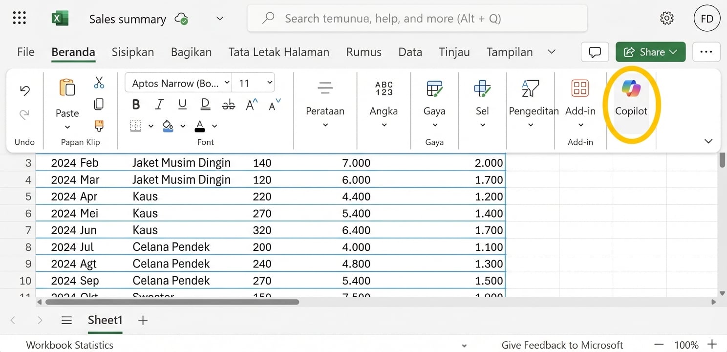 Tangkapan layar lembar kerja Excel dengan ikon Copilot yang disorot.