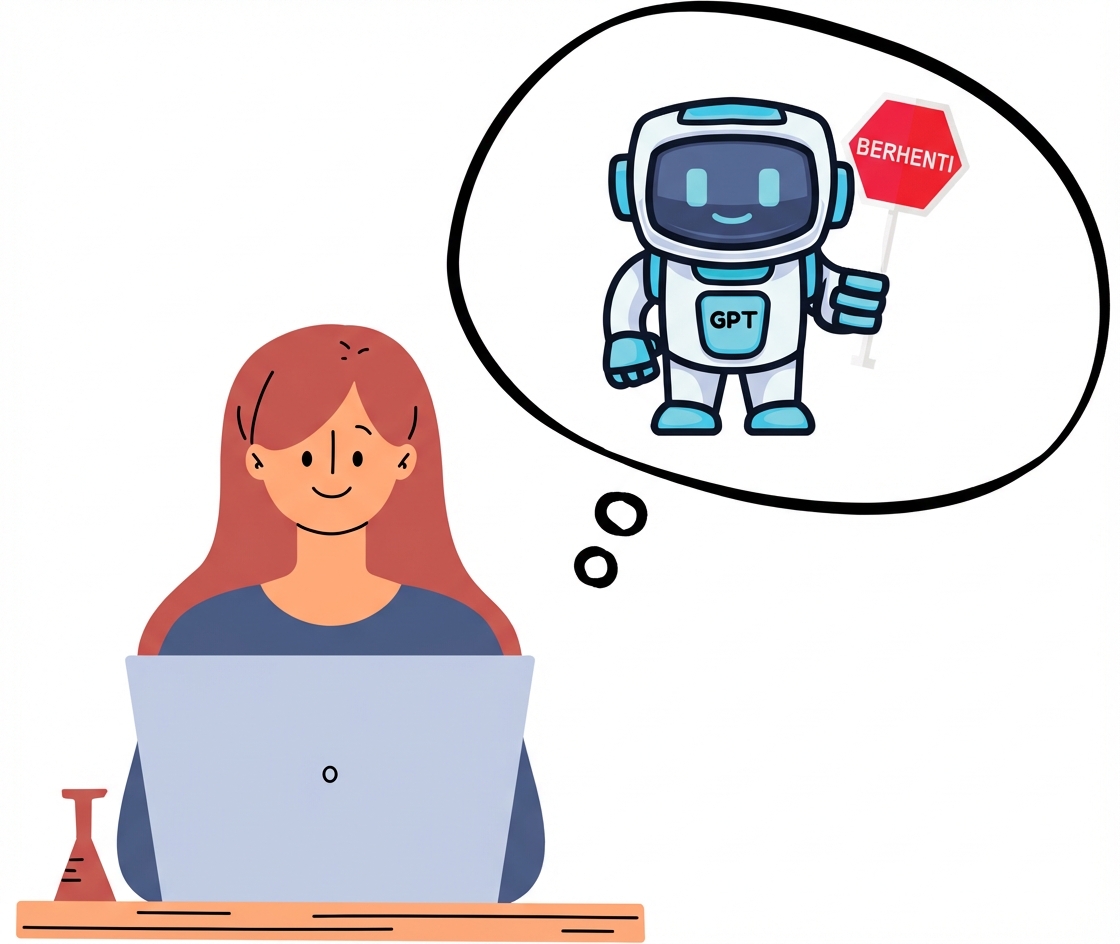 Seorang pria duduk dengan laptop dan gelembung pikiran yang berisi robot GPT memegang tanda berhenti.