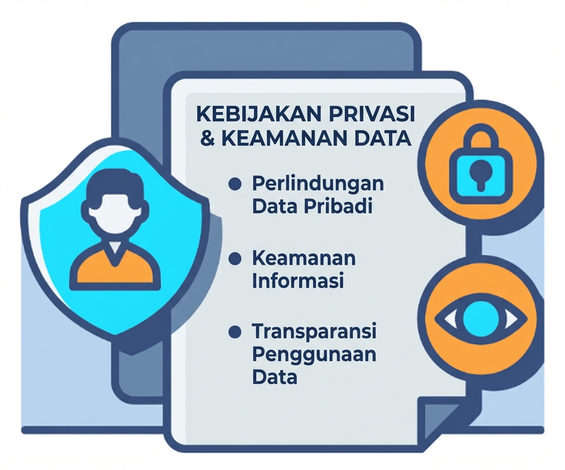 Ilustrasi dokumen dengan berbagai pelindung, seperti gembok dan mata, untuk menunjukkan privasi dan keamanan