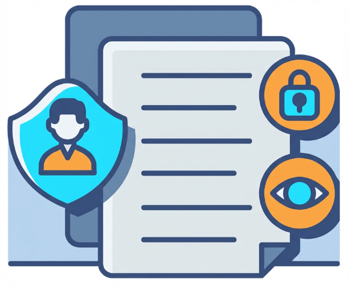 Ilustrasi dokumen dengan beberapa ikon seperti gembok dan mata untuk mewakili pertimbangan.