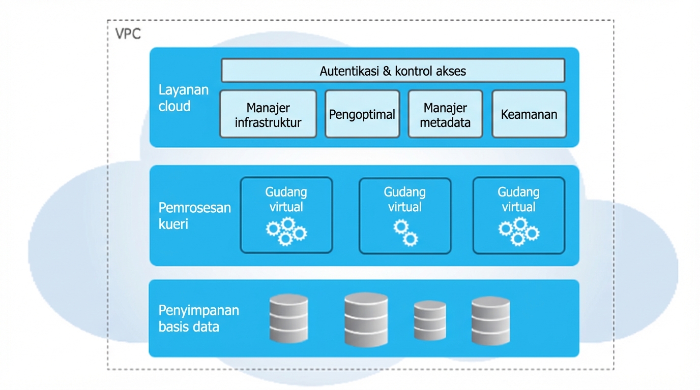 Gambar lapisan arsitektur Snowflake: Cloud Services, Query Processing, dan Database Storage.
