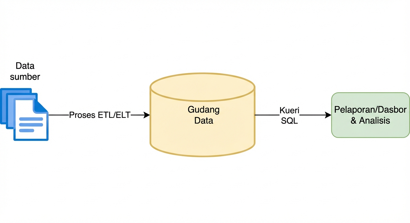 Bagan alur analitik. Data sumber dimuat ke tabel SQL di gudang data, lalu dapat dikueri untuk analisis atau wawasan pelaporan/dashboard.
