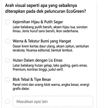 Copilot menanyakan arah visual untuk deck EcoGreen, menawarkan empat gaya terdeskripsi untuk dipilih