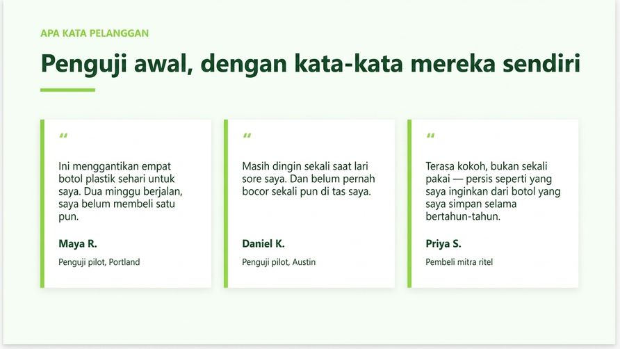 Slide testimoni yang ditambahkan Copilot, dengan tiga kartu kutipan sesuai merek