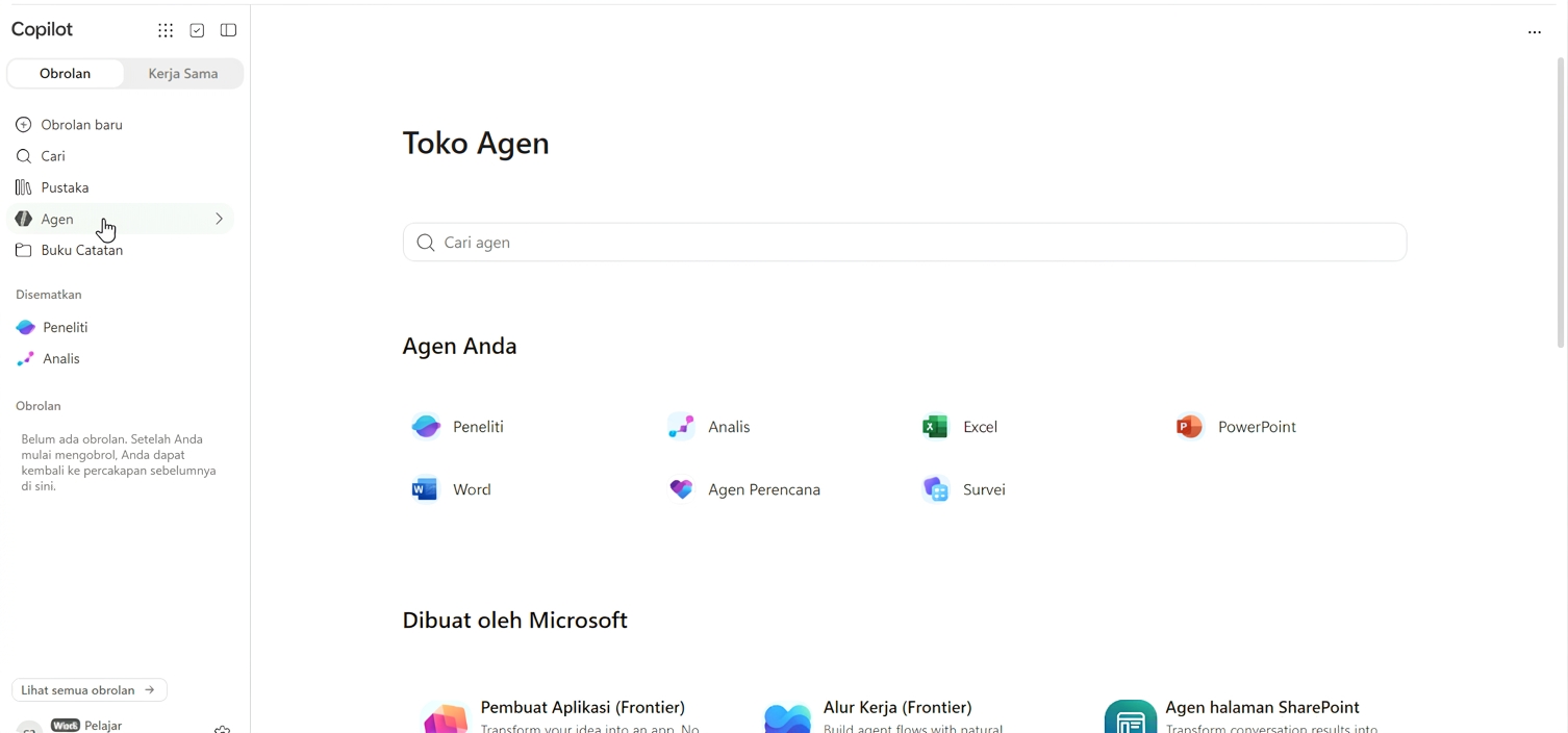 Toko Agen di Copilot, menampilkan Researcher dan Analyst di antara agen bawaan