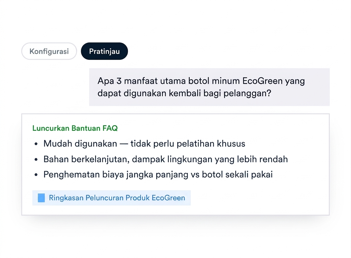 Diagram panel Preview: pertanyaan uji, agen menjawab dalam tiga poin, dan sumber pengetahuan yang dikutipnya