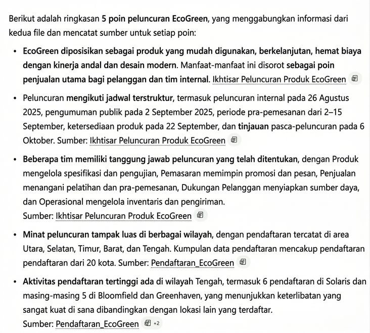 Ringkasan lintas file lima poin dari Copilot, tiap poin menyebutkan berasal dari laporan Word atau file Excel