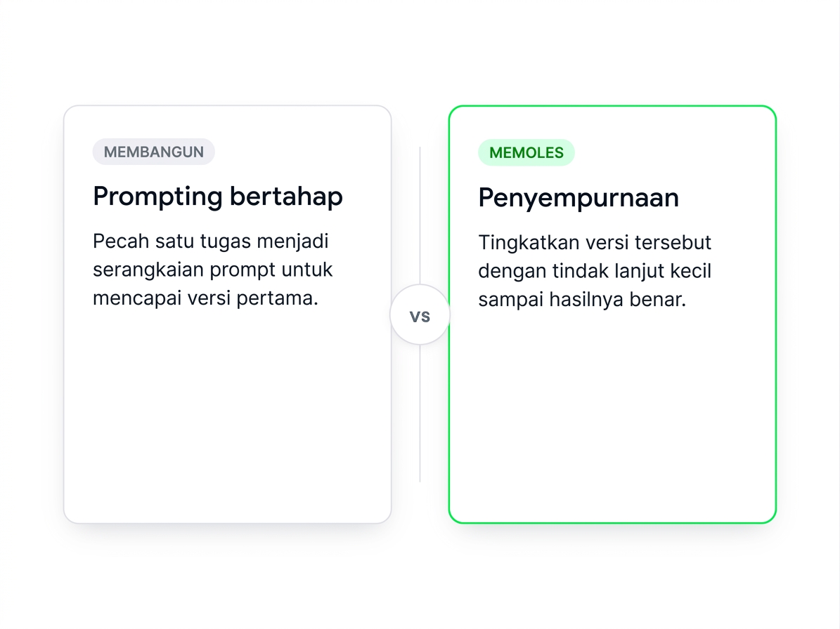 Perbandingan berdampingan: prompt multi-langkah membangun draf bertahap versus penyempurnaan memoles draf yang ada