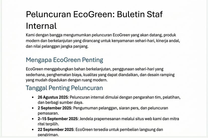 Buletin EcoGreen yang didraf Copilot di Word, dengan judul jelas dan bagian-bagian pendek