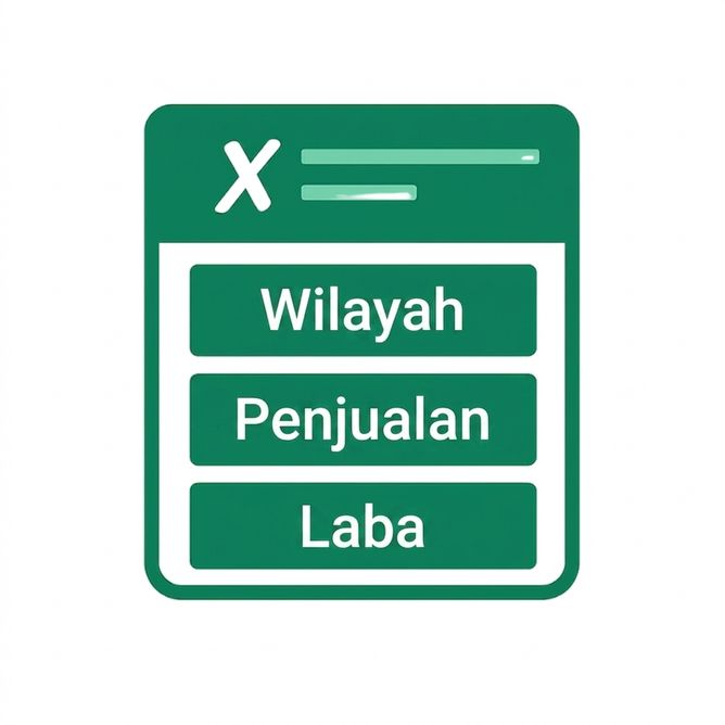 Ilustrasi lembar Excel hijau dengan kolom berlabel Region, Sales, dan Profit, melambangkan organisasi data yang jelas