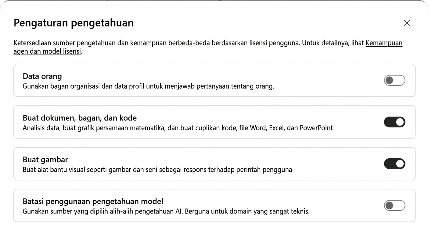 Dialog Knowledge settings dengan Create documents, charts, and code serta Create images keduanya aktif