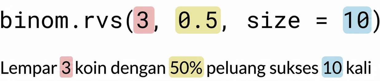 binom.rvs(3, 0.5, size=10) dengan 3 berwarna merah, 0.5 kuning, 10 biru. Teks: Lempar 3 (merah) koin dengan peluang sukses 50% (kuning) sebanyak 10 (biru) kali